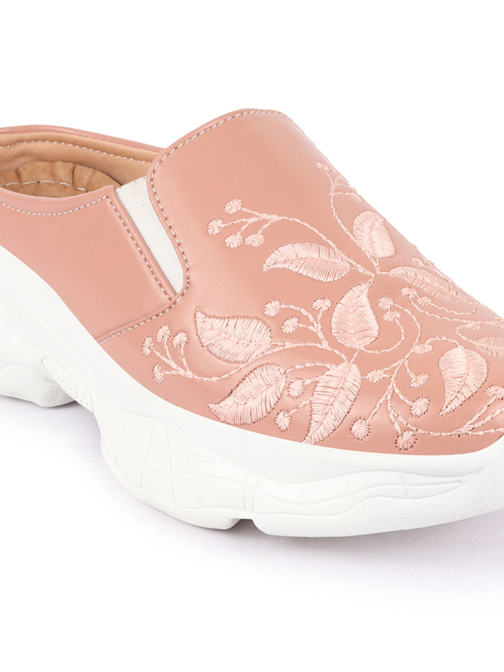Shop Women Peach Leaf Print Embroidery Design Back Open Slip On Mules Shoes Online.