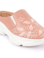 Shop Women Peach Leaf Print Embroidery Design Back Open Slip On Mules Shoes Online.