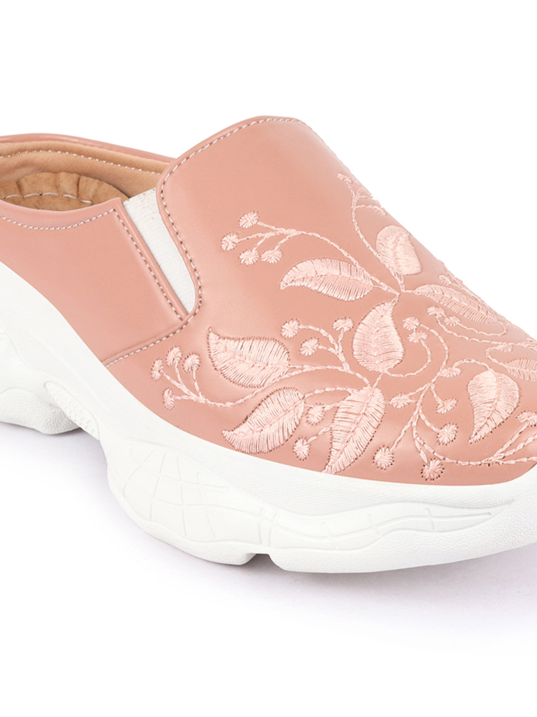 Shop Women Peach Leaf Print Embroidery Design Back Open Slip On Mules Shoes Online.