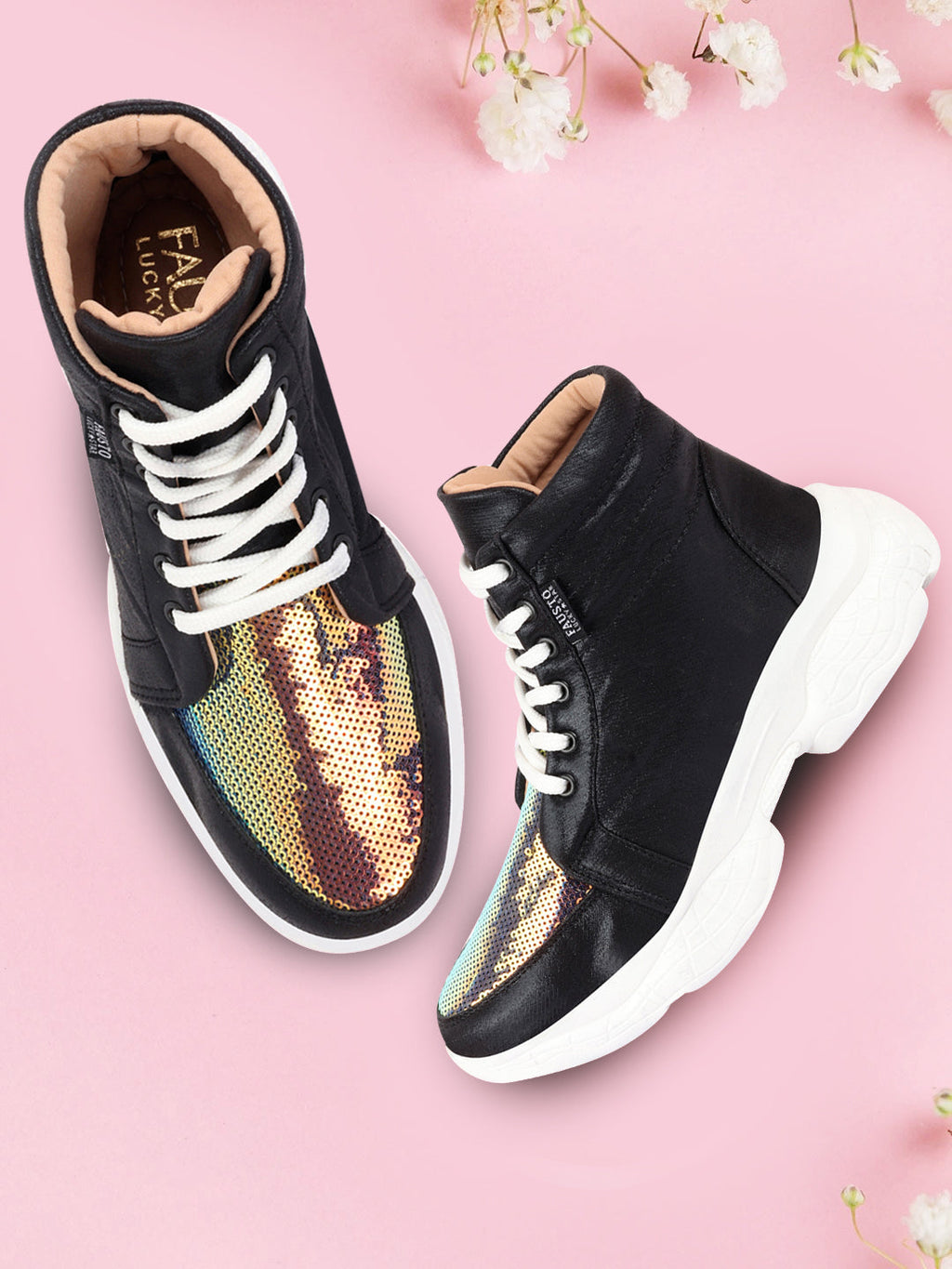 Shop Women Black High Ankle Lace Up Embellished Sneakers Online.