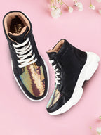 Shop Women Black High Ankle Lace Up Embellished Sneakers Online.