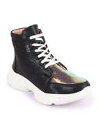Shop Women Black High Ankle Lace Up Embellished Sneakers Online.