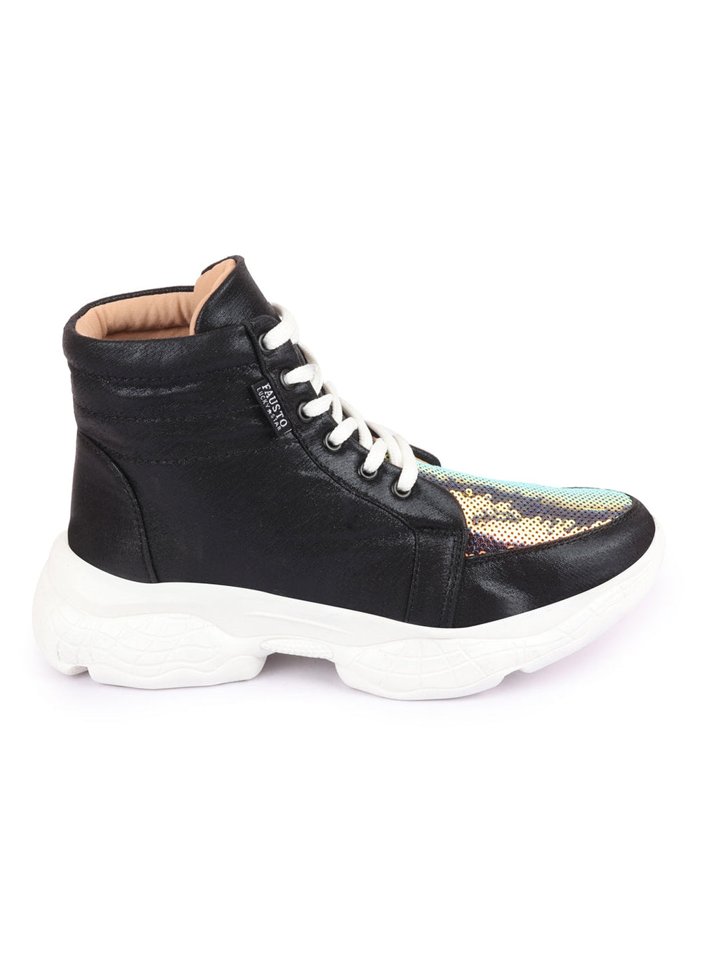 Shop Women Black High Ankle Lace Up Embellished Sneakers Online.