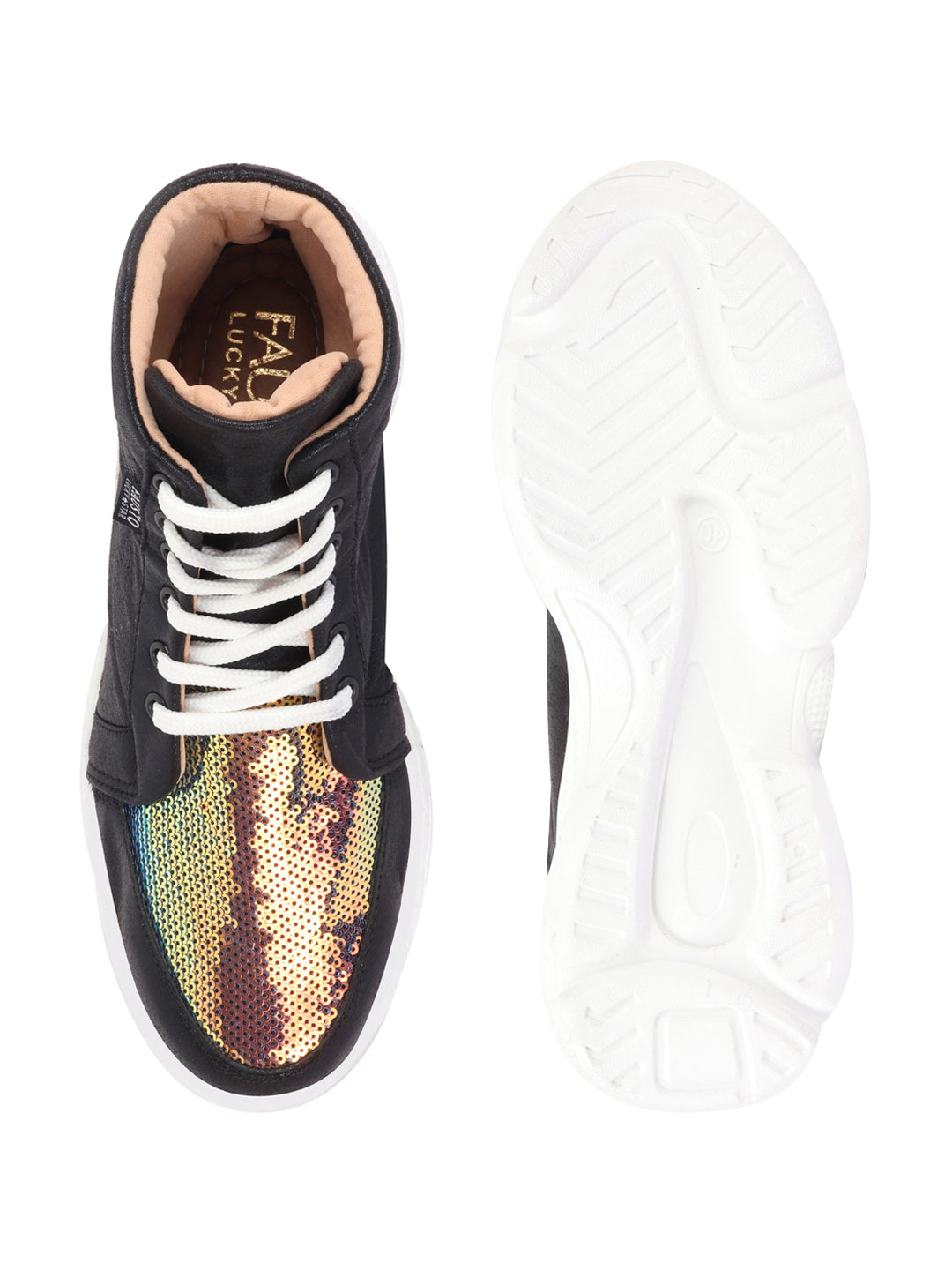 Shop Women Black High Ankle Lace Up Embellished Sneakers Online.
