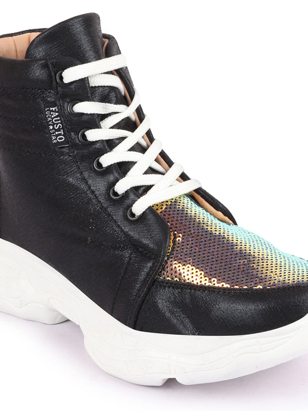 Shop Women Black High Ankle Lace Up Embellished Sneakers Online.