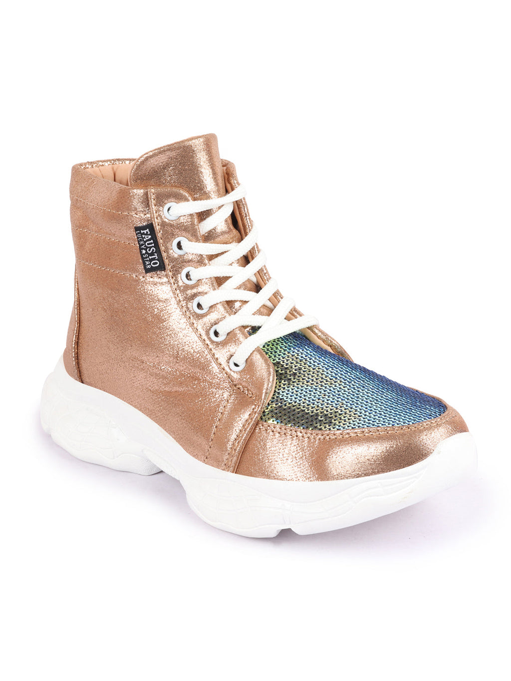 Shop Women Golden High Ankle Lace Up Embellished Sneakers Online.