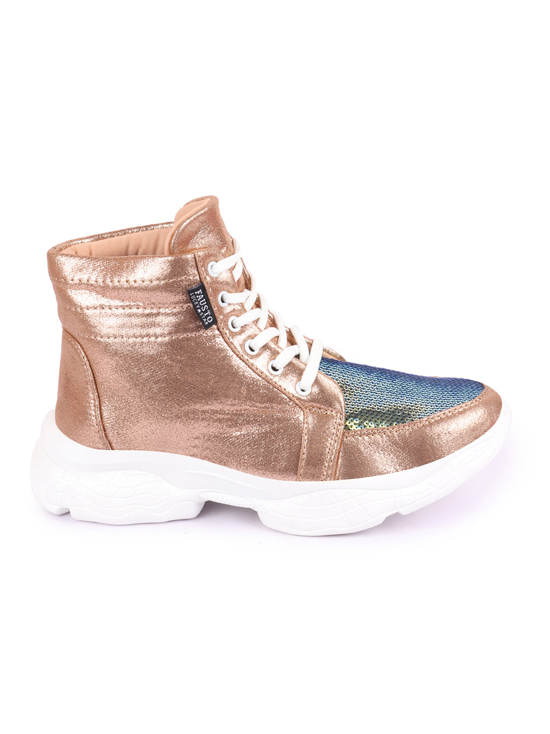 Shop Women Golden High Ankle Lace Up Embellished Sneakers Online.