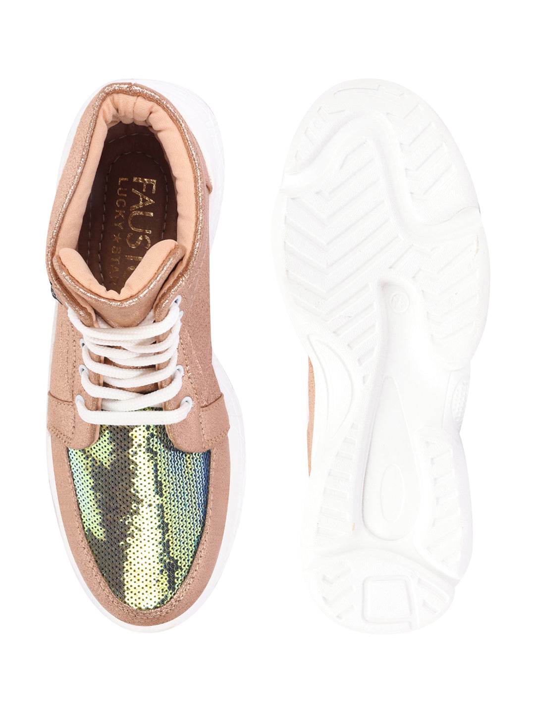 Shop Women Golden High Ankle Lace Up Embellished Sneakers Online.