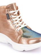 Shop Women Golden High Ankle Lace Up Embellished Sneakers Online.