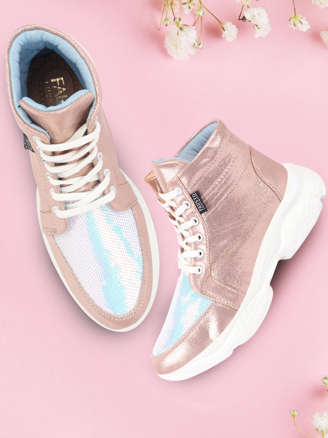 Shop Women Pink High Ankle Lace Up Embellished Sneakers Online.