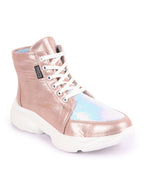 Shop Women Pink High Ankle Lace Up Embellished Sneakers Online.