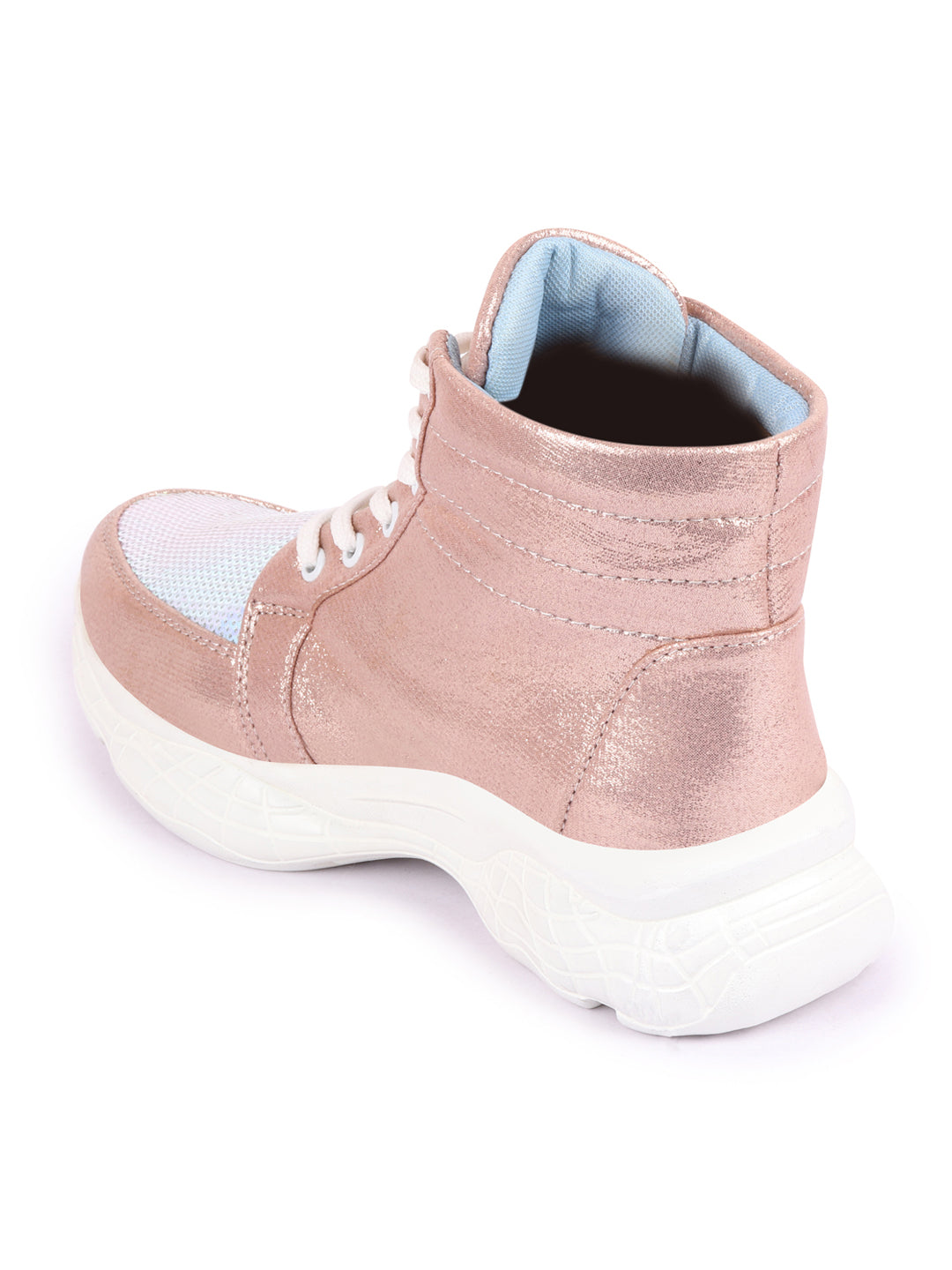 Shop Women Pink High Ankle Lace Up Embellished Sneakers Online.