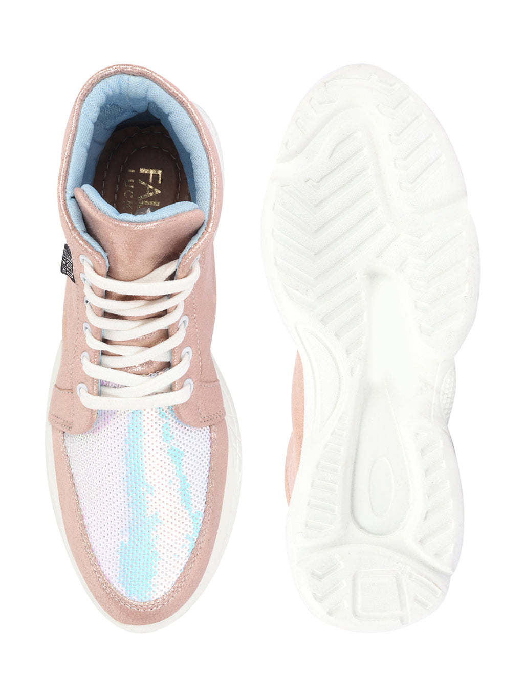 Shop Women Pink High Ankle Lace Up Embellished Sneakers Online.