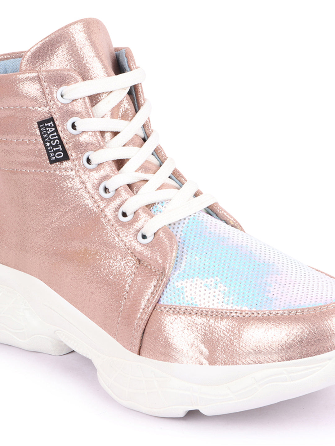 Shop Women Pink High Ankle Lace Up Embellished Sneakers Online.