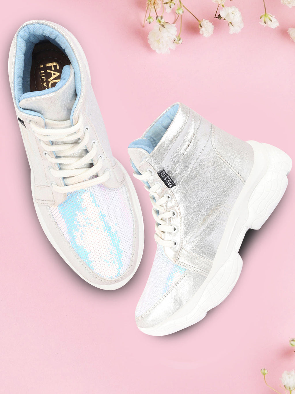 Shop Women Silver High Ankle Lace Up Embellished Sneakers Online.