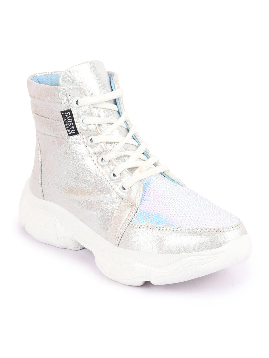 Shop Women Silver High Ankle Lace Up Embellished Sneakers Online.
