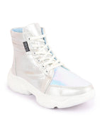 Shop Women Silver High Ankle Lace Up Embellished Sneakers Online.