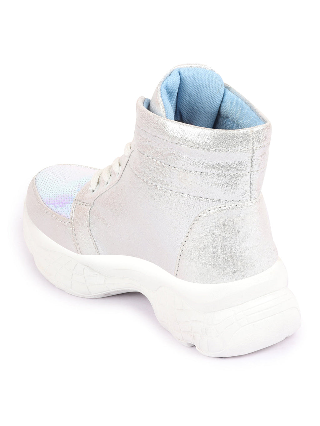 Shop Women Silver High Ankle Lace Up Embellished Sneakers Online.