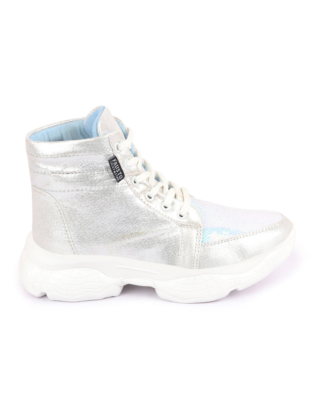 Shop Women Silver High Ankle Lace Up Embellished Sneakers Online.