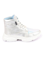 Shop Women Silver High Ankle Lace Up Embellished Sneakers Online.