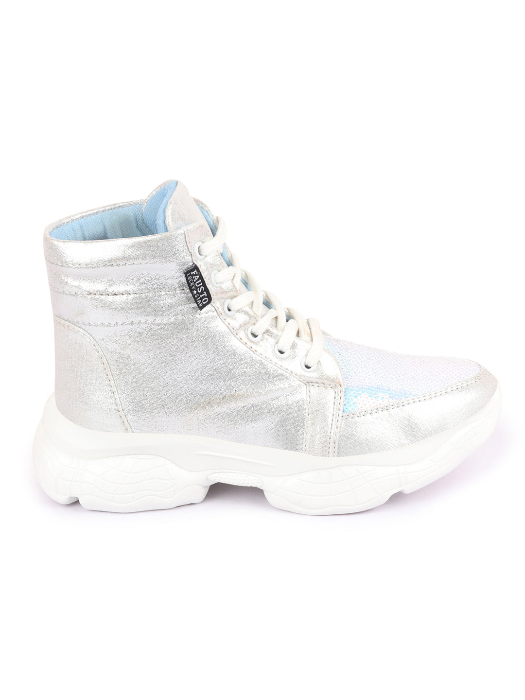 Shop Women Silver High Ankle Lace Up Embellished Sneakers Online.