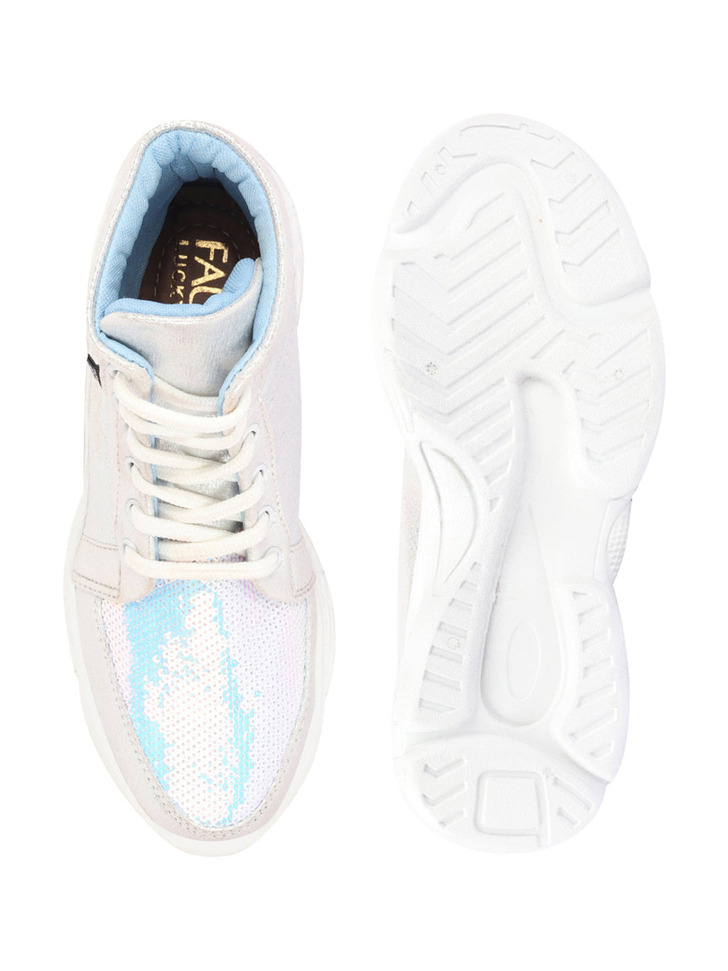 Shop Women Silver High Ankle Lace Up Embellished Sneakers Online.