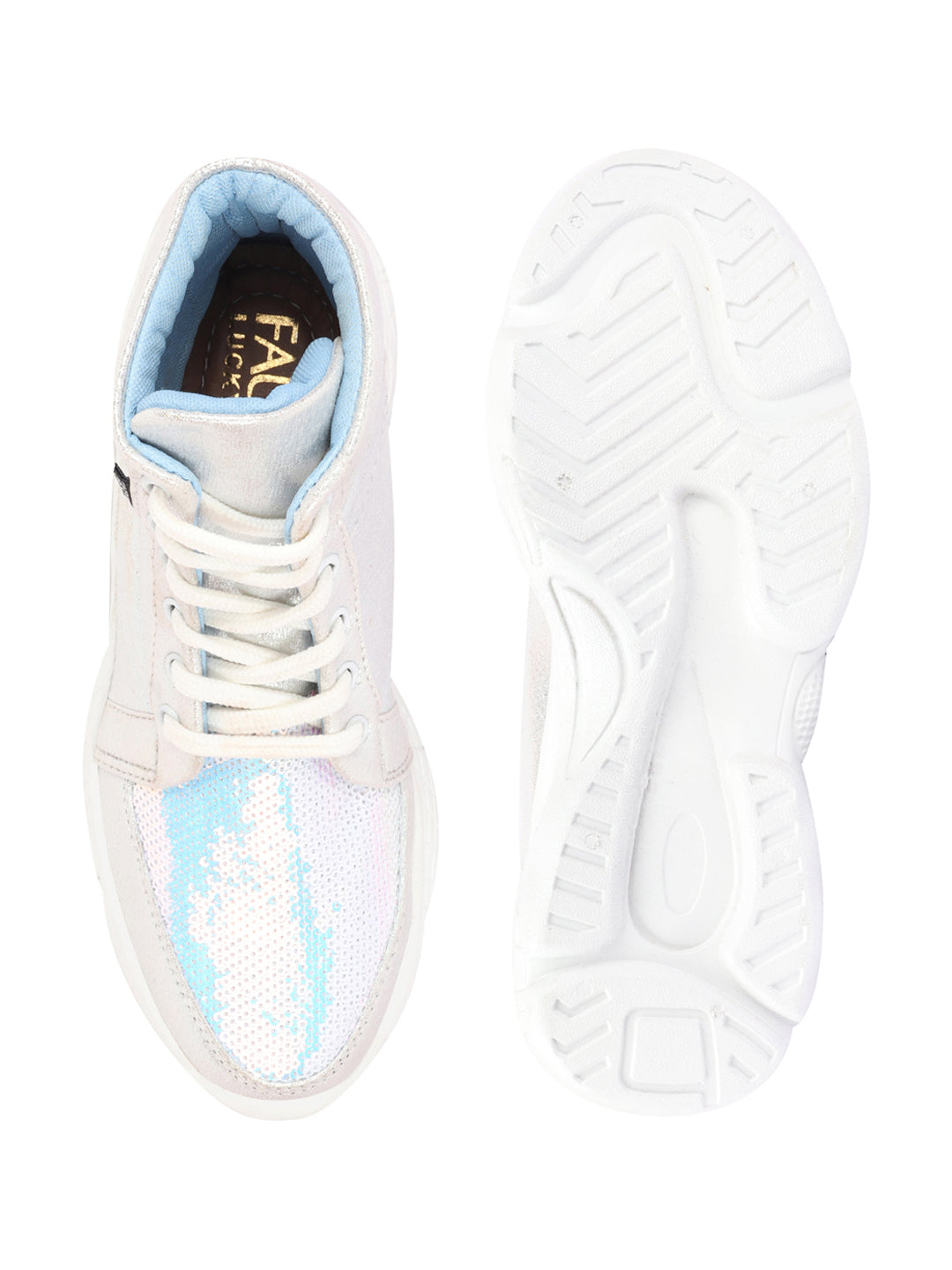 Shop Women Silver High Ankle Lace Up Embellished Sneakers Online.