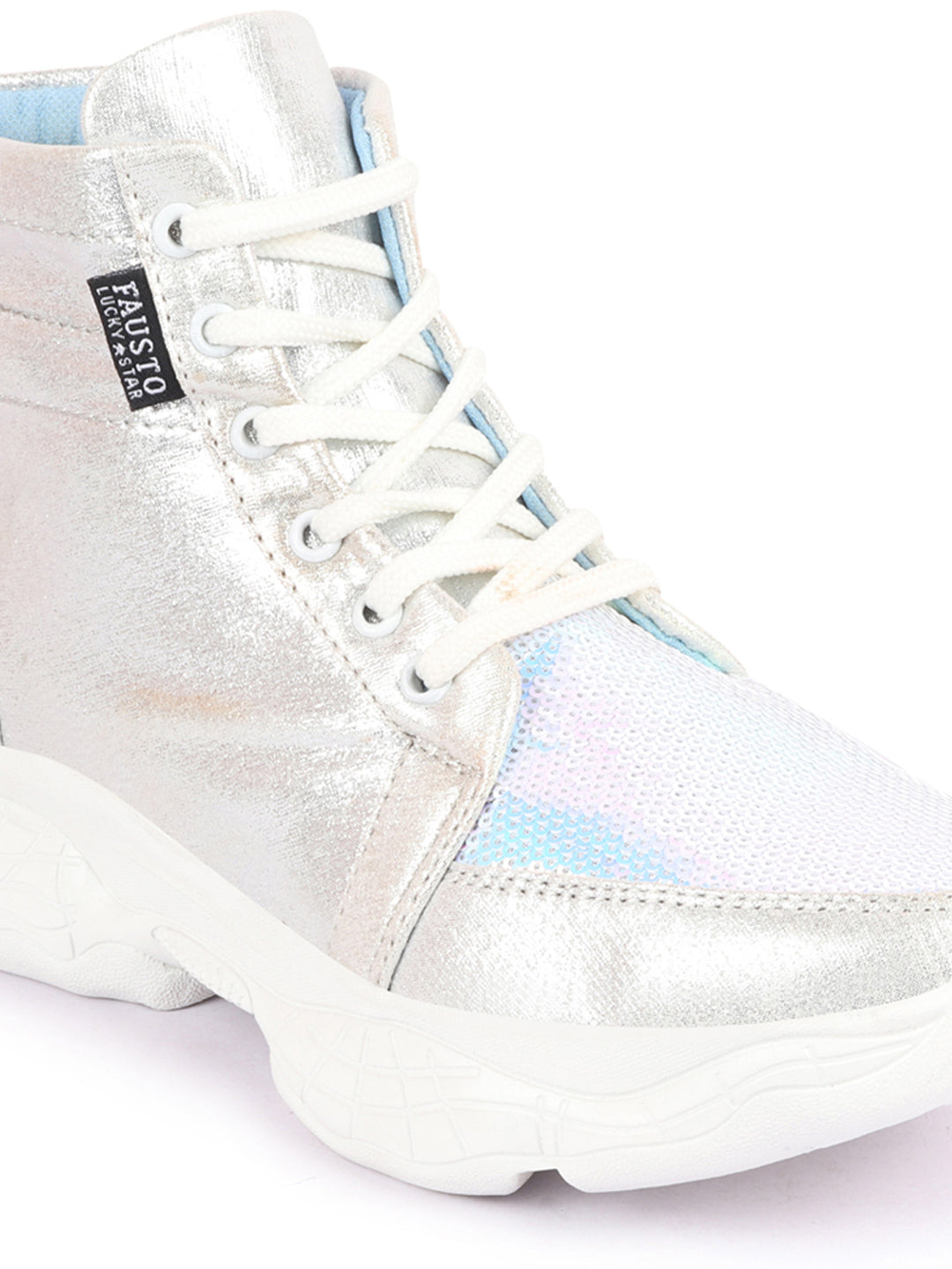 Shop Women Silver High Ankle Lace Up Embellished Sneakers Online.
