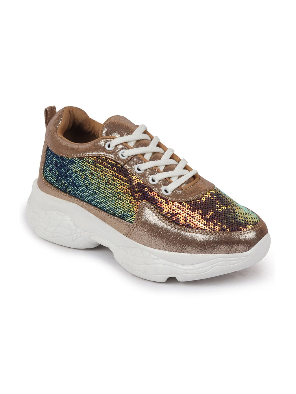 Shop Women Golden Stylish Lace Up Embellished Sneakers Online.