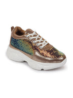 Shop Women Golden Stylish Lace Up Embellished Sneakers Online.