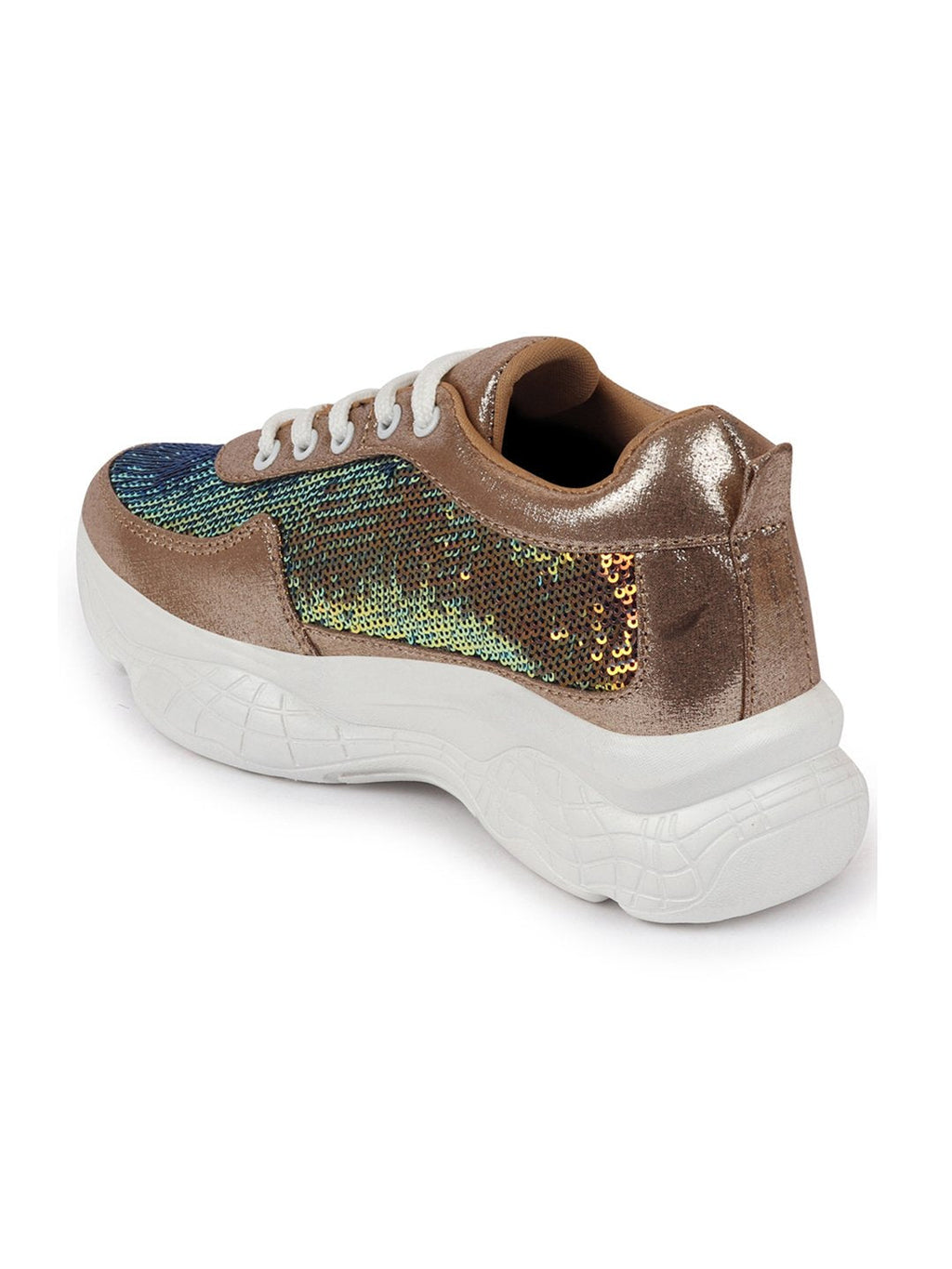 Shop Women Golden Stylish Lace Up Embellished Sneakers Online.