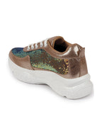 Shop Women Golden Stylish Lace Up Embellished Sneakers Online.