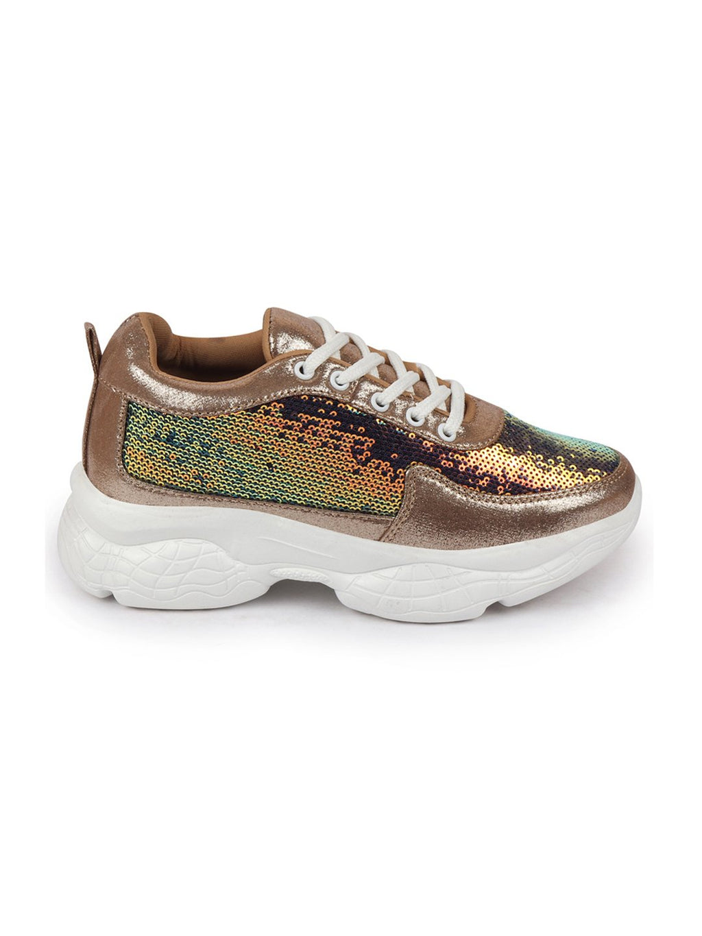 Shop Women Golden Stylish Lace Up Embellished Sneakers Online.