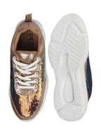 Shop Women Golden Stylish Lace Up Embellished Sneakers Online.