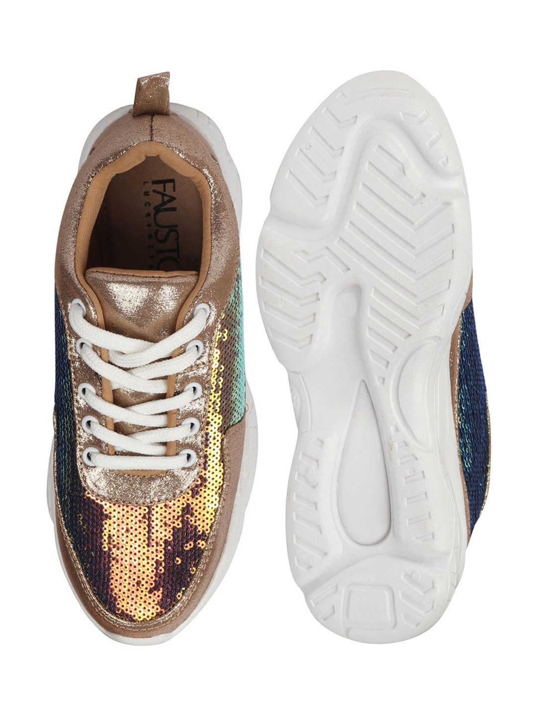 Shop Women Golden Stylish Lace Up Embellished Sneakers Online.