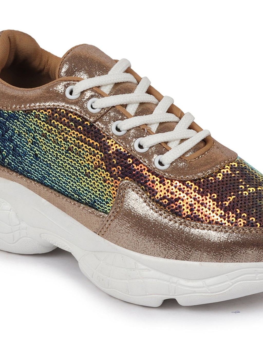 Shop Women Golden Stylish Lace Up Embellished Sneakers Online.