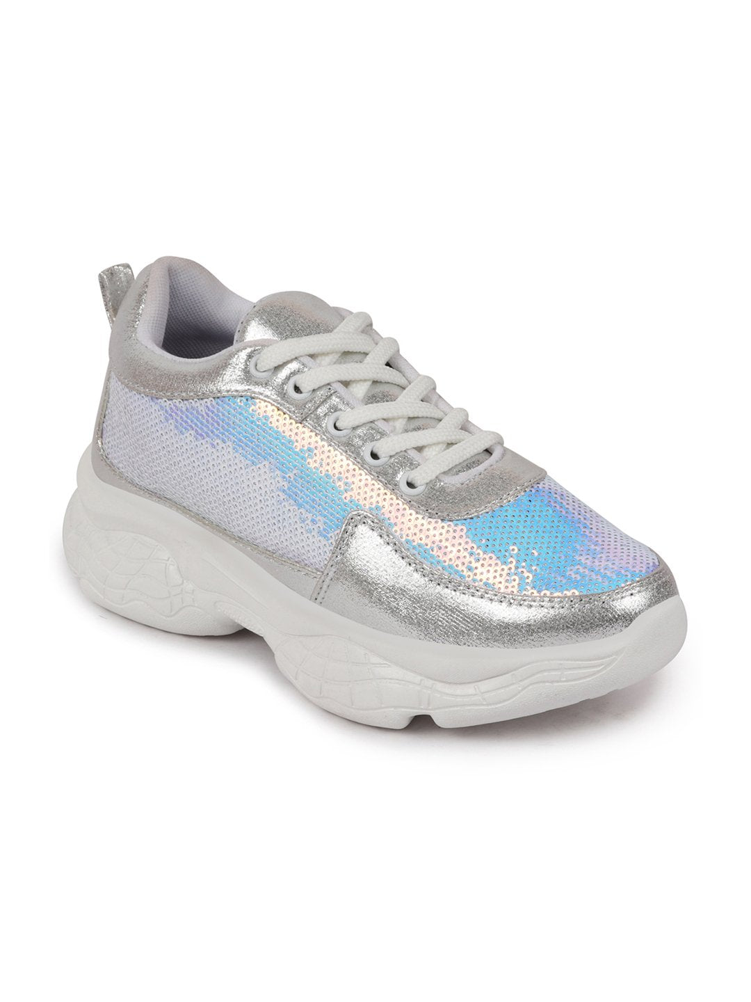 Shop Women Silver Stylish Lace Up Embellished Sneakers Online.