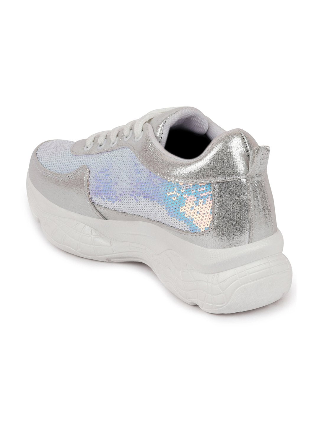 Shop Women Silver Stylish Lace Up Embellished Sneakers Online.
