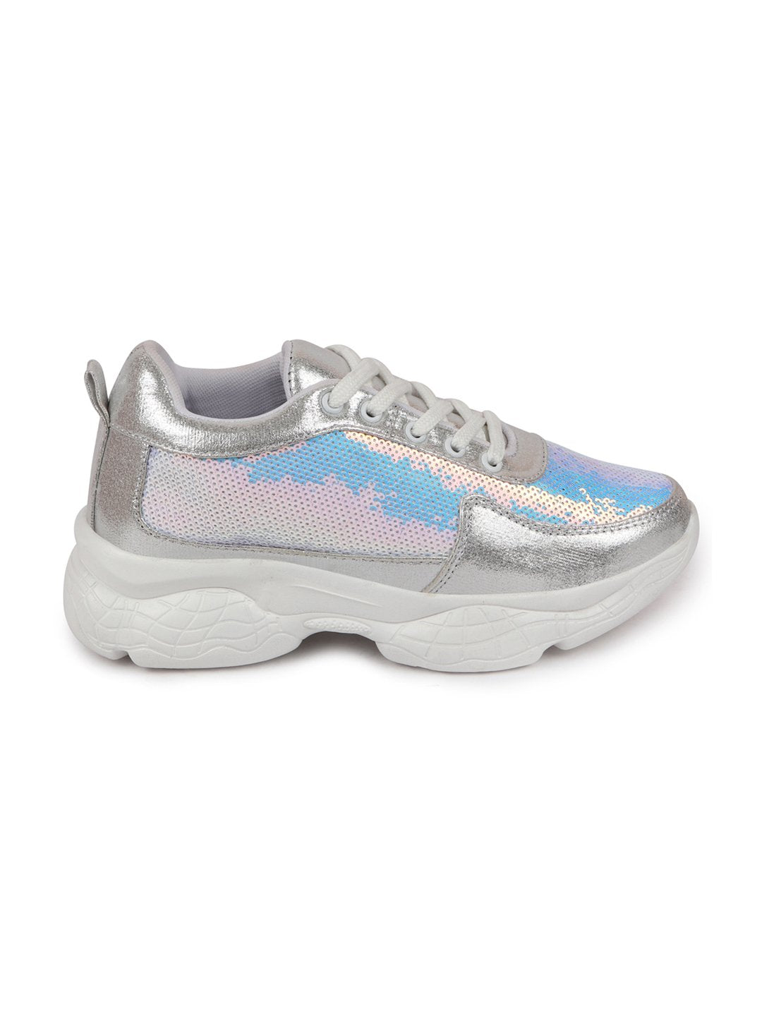 Shop Women Silver Stylish Lace Up Embellished Sneakers Online.