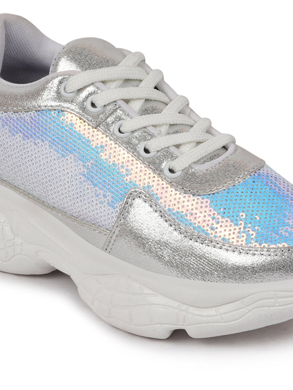 Shop Women Silver Stylish Lace Up Embellished Sneakers Online.