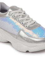Shop Women Silver Stylish Lace Up Embellished Sneakers Online.