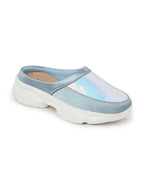 Shop Women Sky Blue Back Open Embellished Slip On Mules Online.