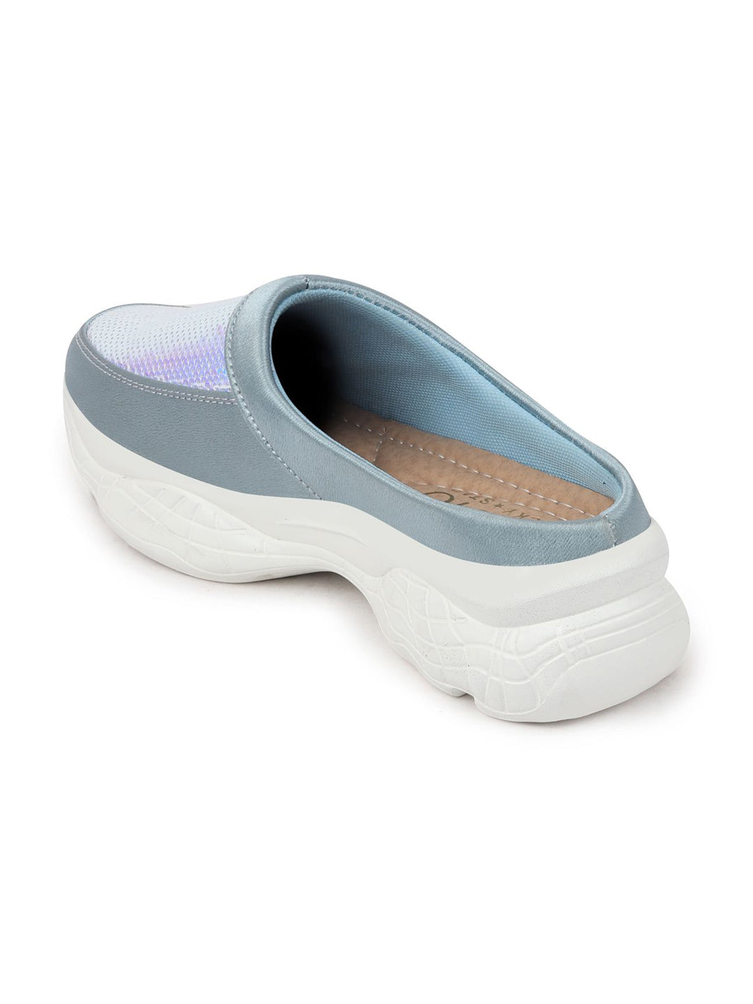 Shop Women Sky Blue Back Open Embellished Slip On Mules Online.