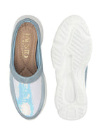 Shop Women Sky Blue Back Open Embellished Slip On Mules Online.