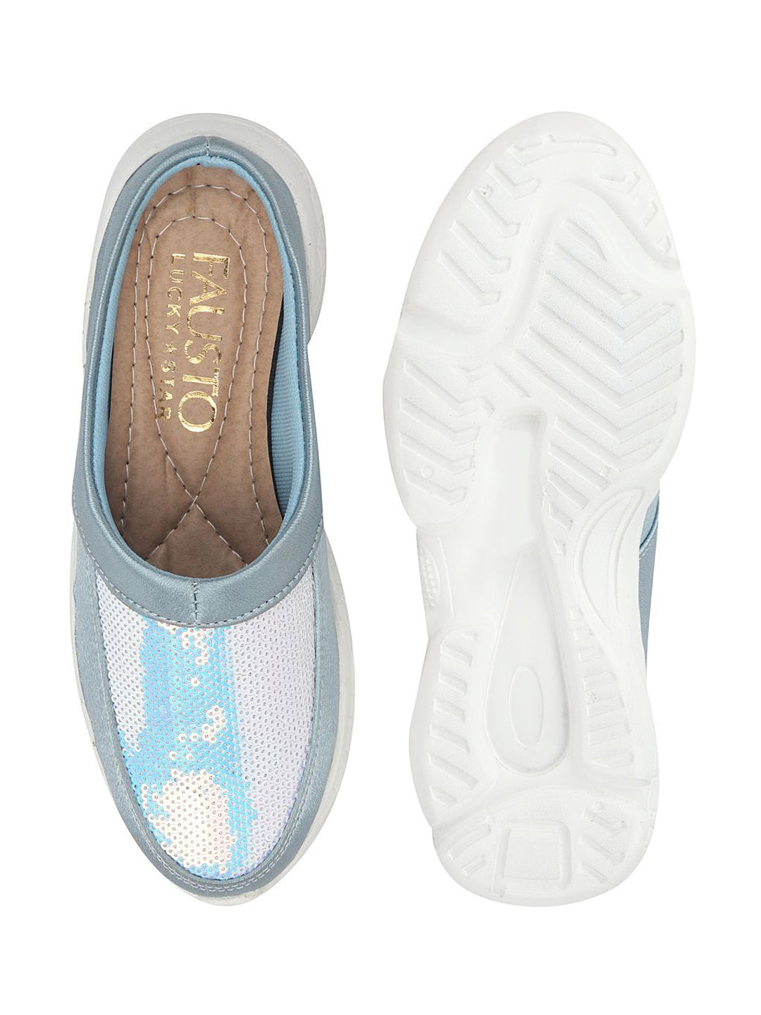 Shop Women Sky Blue Back Open Embellished Slip On Mules Online.