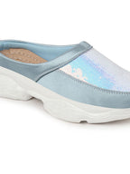 Shop Women Sky Blue Back Open Embellished Slip On Mules Online.