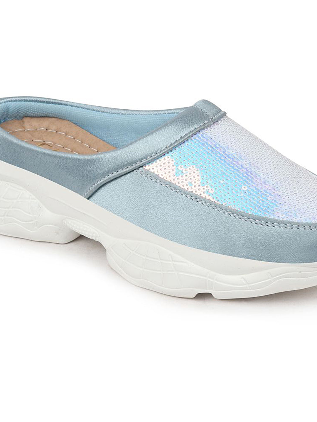 Shop Women Sky Blue Back Open Embellished Slip On Mules Online.