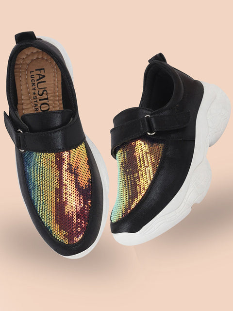 Shop Women Black Stylish Hook & Loop Sneakers Online.