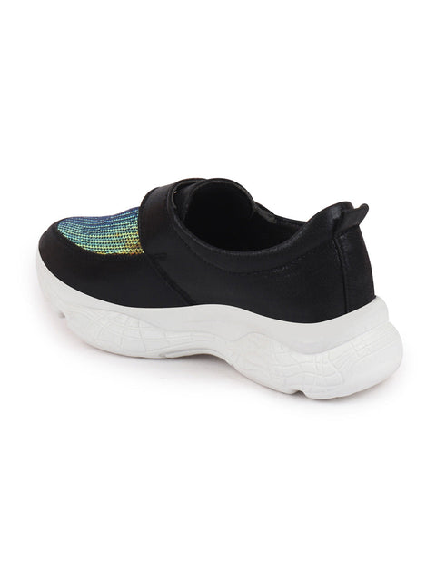 Shop Women Black Stylish Hook & Loop Sneakers Online.