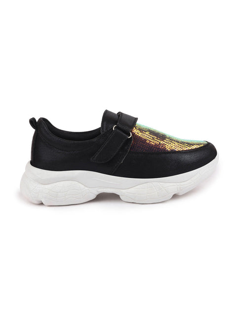 Shop Women Black Stylish Hook & Loop Sneakers Online.